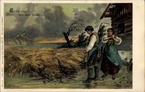 Künstler Litho Döcker, E., Erlöse uns von dem Übel, Sturm, betende Bauern