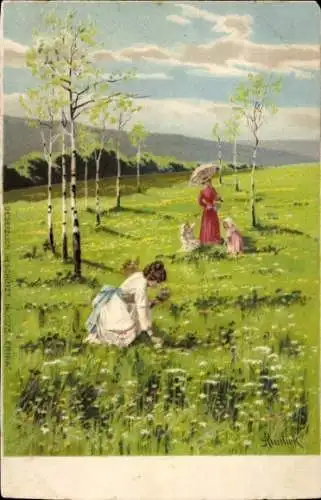 Künstler Ak Mailick, Glückwunsch Pfingsten, Frauen, Kinder, Blumenwiese