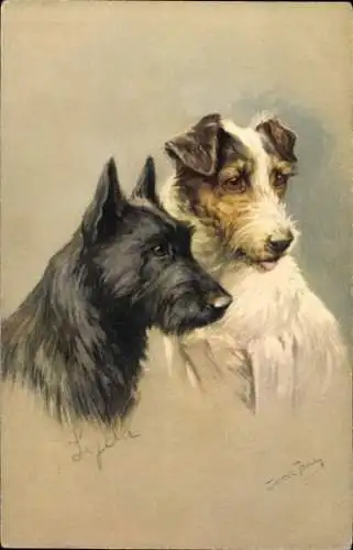 Künstler Ak Hundeportrait, zwei Terrier