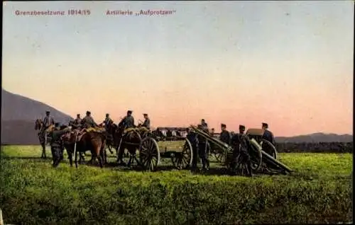 Ak Grenzbesetzung 1914, Artillerie Aufprotzen, Schweizer Soldaten, I. WK