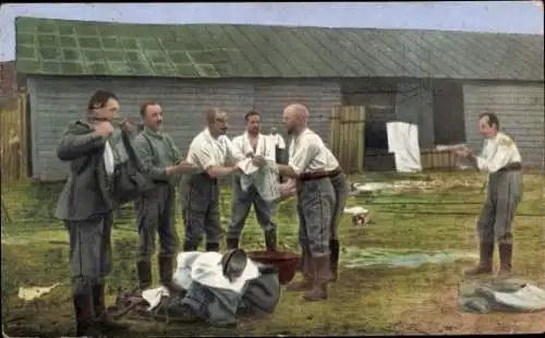 Ak Feldzug 1914/1915, Deutsche Soldaten, Morgentoilette im Felde, 1. WK