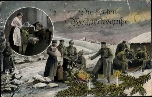 Ak Frohe Weihnachten, Soldaten am Lagerfeuer, Winter, Geschenke, Familie