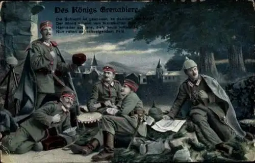 Ak Des Königs Grenadiere, Deutsche Soldaten in Uniformen, Kartenspiel, Trommel, Mond