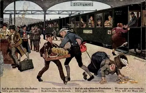 Künstler Ak Boettcher, Hans, Stuttgart, Bahnhof, Auf de Schwäbsche Eisebahne