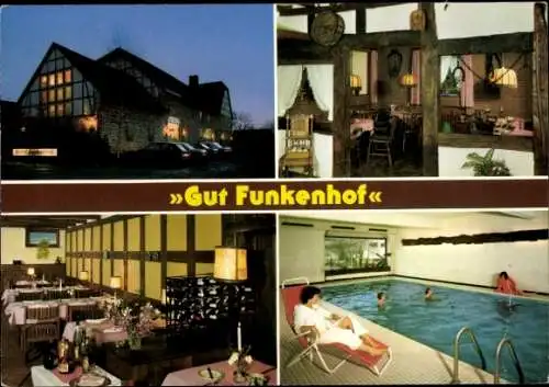 Ak Altenhellefeld Sundern Sauerland, Gut Funkenhof, Fachwerkhaus, Schwimmbad, Gastraum