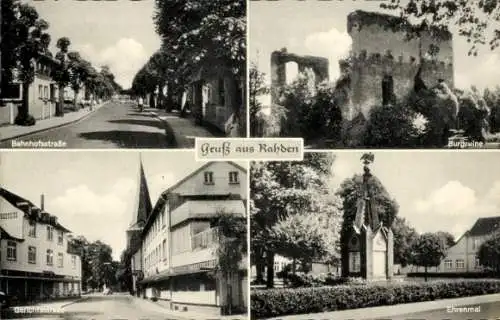 Ak Rahden in Westfalen, Bahnhofstraße, Burgruine, Gerichtsstraße, Ehrenmal