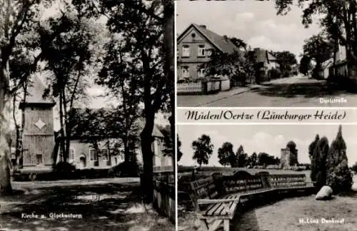 Ak Müden Oertze Faßberg, Kirche und Glockenturm, Dorfstraße, H Löns Denkmal