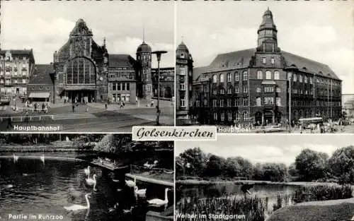 Ak Gelsenkirchen im Ruhrgebiet, Hauptbahnhof, Hauptpost, Ruhrzoo, Weiher, Stadtgarten