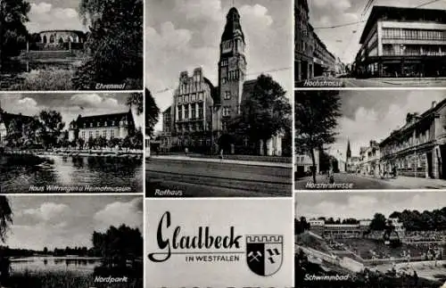 Ak Gladbeck Westfalen, Horsterstraße, Rathaus, Nordpark, Heimatmuseum, Hochstraße, Schwimmbad