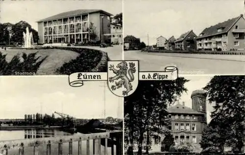 Wappen Ak Lünen in Nordrhein Westfalen, Stadtbad, Bebelstraße, Hafen, Schloss Schwansbell