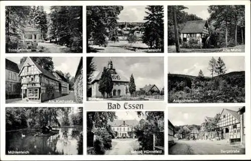 Ak Bad Essen in Niedersachsen, Trinkbrunnen, Alte Mühle, Bergstraße, Kirchplatz