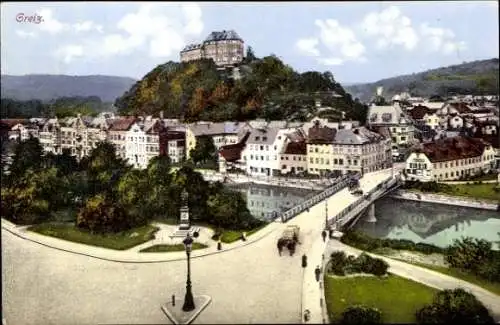 Ak Greiz Vogtland, Brücke, Kutsche, Schloss, Fluss