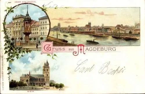 Litho Magdeburg, Gesamtansicht, Dom, Kaiser-Otto-Denkmal