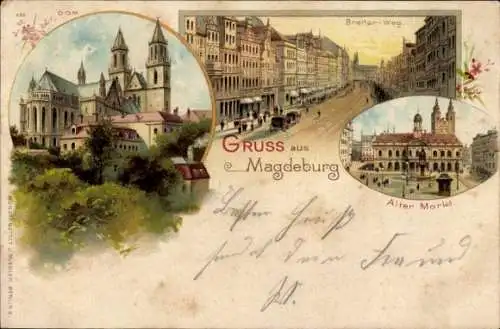 Litho Magdeburg an der Elbe, Dom, Breiter Weg, Alter Markt