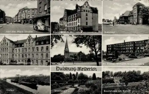 Ak Meiderich Duisburg im Ruhrgebiet, Postamt, Bahnhof, Krankenhaus, Hafen, Ev. Kirche