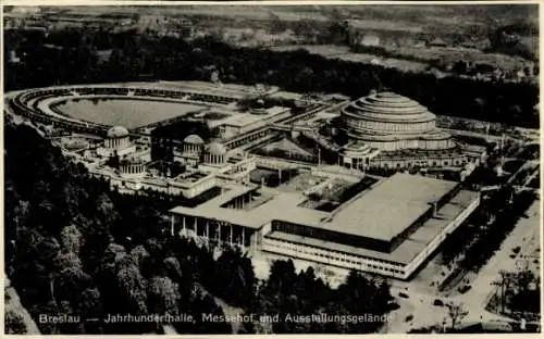 Ak Wrocław Breslau Schlesien, Jahrhunderthalle, Messehof, Ausstellungsgelände, Fliegeraufnahme