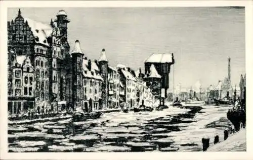 Künstler Ak Hellingrath, B., Gdańsk Danzig, Lange Brücke, Krantor, Winter