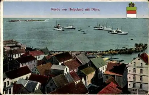 Ak Helgoland in Schleswig Holstein, Reede von Helgoland mit Düne, Wappen