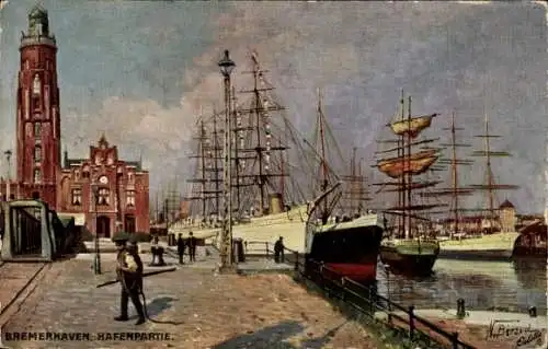 Künstler Ak Bremerhaven, Hafen, Segelschiffe