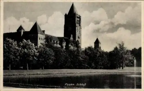 Ak Poznań Posen, Blick auf das Schloss vom Schlosspark, Teich, Fontäne