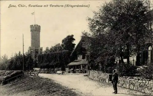 Ak Jena in Thüringen, Forsthaus, Forstturm, Kriegerdenkmal