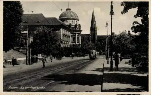 Foto Ak Poznań Posen, Paulikirche, Straßenbahn