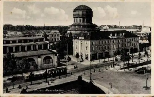 Ak Poznań Posen, Messehallen, Straßenbahn