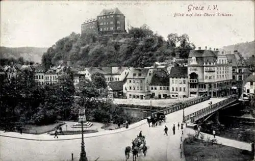 Ak Greiz im Vogtland, Brücke, Blick auf Oberes Schloss