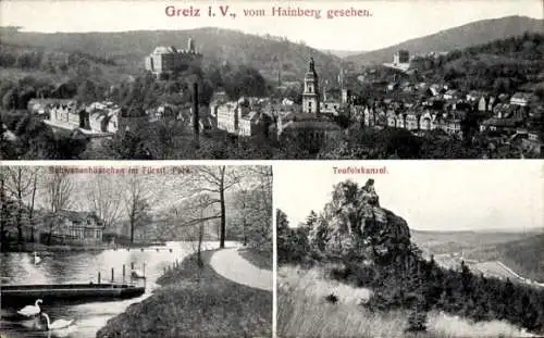 Ak Greiz in Thüringen, Blick vom Hainberg, Schwanenhäuschen, Teufelskanzel