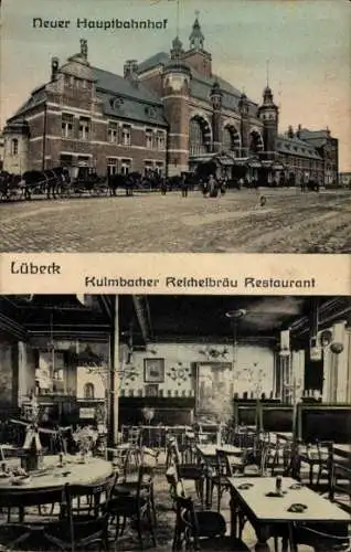 Ak Hansestadt Lübeck, neuer Hauptbahnhof, Kulmbacher Reichelbräu Restaurant