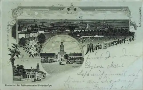 Mondschein Litho Maria Enzersdorf Niederösterreich, Gesamtansicht, Wallfahrtskirche, Villa Tirka