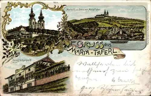 Litho Maria Taferl in Niederösterreich, Marbach an der Donau, Kirche, Georg Schachners Salon