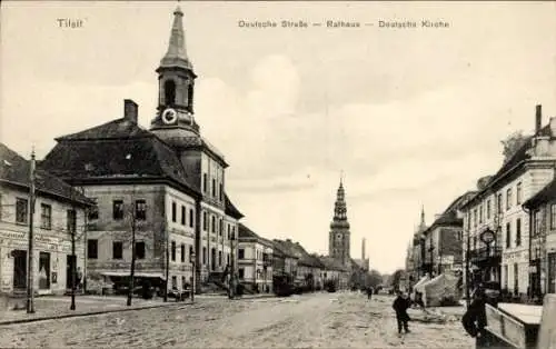 Ak Sowjetsk Tilsit Ostpreußen, Deutsche Straße, Rathaus, Deutsche Kirche