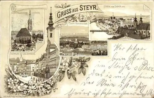 Litho Steyr in Oberösterreich, Stadtpfarrkirche, Stadtplatz