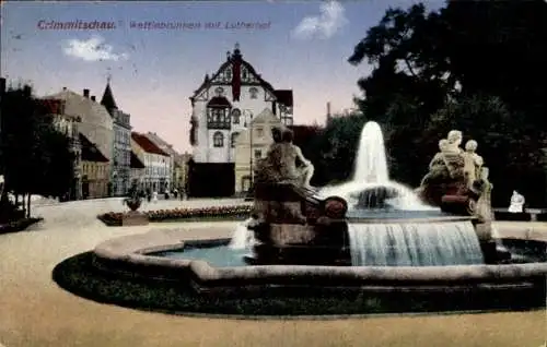 Ak Crimmitschau, Wettinbrunnen mit Lutherhof