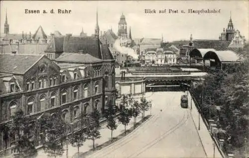 Ak Essen im Ruhrgebiet, Blick auf Post u. Hauptbahnhof, Straßenbahn