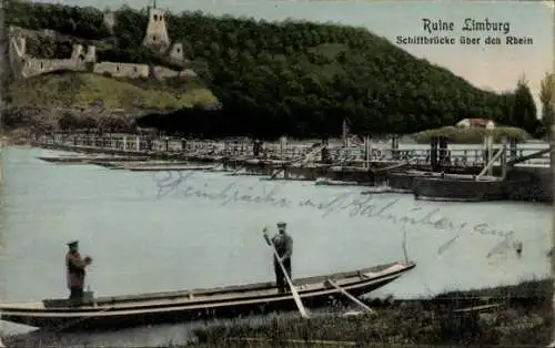 Ak Sasbach am Kaiserstuhl, Ruine Limburg am Rhein, Schiffbrücke