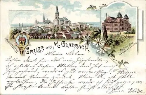 Litho Mönchengladbach am Niederrhein, Kaiserbad, Totalansicht, Stadtwappen