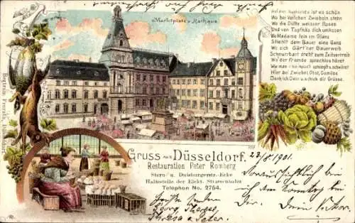 Litho Düsseldorf am Rhein, Marktplatz, Rathaus, Geflügelhändlerin, Restauration Peter Romberg