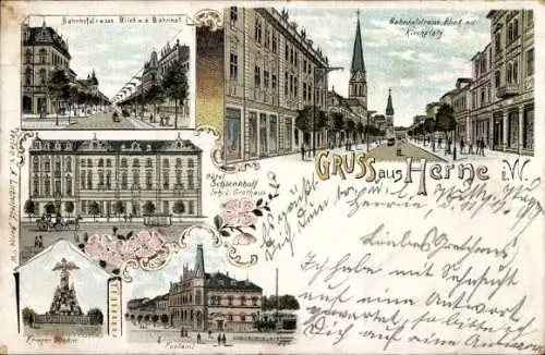 Litho Herne im Ruhrgebiet Westfalen, Bahnhofstraße, Bahnhof, Kirchplatz, Hotel Schlenkhoff, Postamt