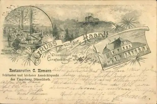 Litho Grafenberg Düsseldorf am Rhein, Gruss von der Haardt, Restauration C. Homann