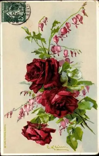 Präge Künstler Litho Klein, Catharina, Rote Rosen, tränendes Herz