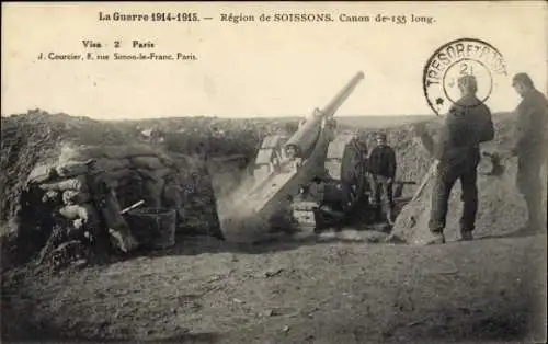 Ak La Guerre 1914, Région de Soissons, Canon de 155 long, Geschütz