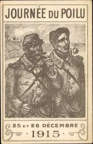 Künstler Ak Journée du Poilu, 25 et 26 Décembre 1915, Zwei französische Soldaten, Rose, Pfeife