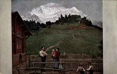 Künstler Ak Thoma, Hans, Abend in der Schweiz, Familie, Gebirge