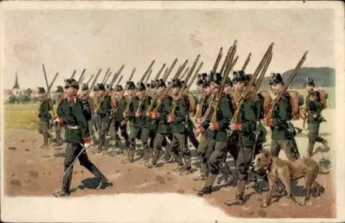 Litho Deutsche Soldaten auf dem Marsch, Hund