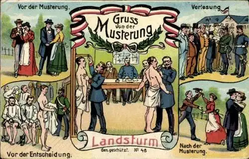 Litho Gruß von der Musterung, Landsturm, Entscheidung, Verlesung