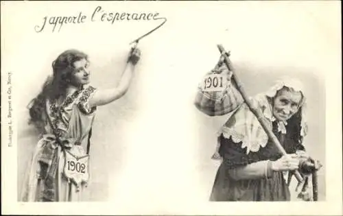 Ak Glückwunsch Neujahr, Alte und junge Frau, Jahreszahl 1901, 1902