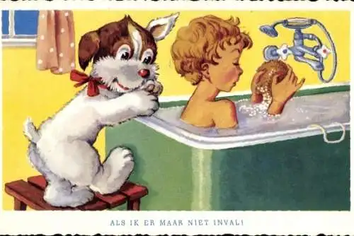 Ak Kind in der Badewanne, Schwamm, Badezimmer, Hund