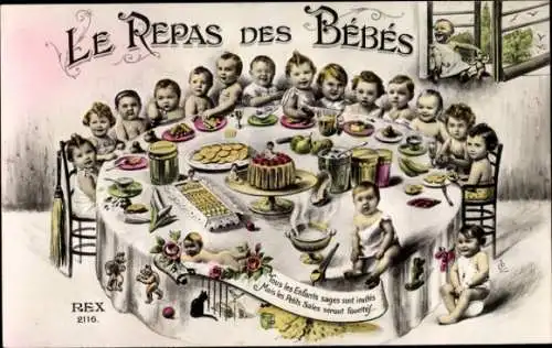 Ak Le Repas des Bebes, Babys am gedeckten Tisch, Fotomontage